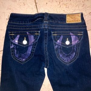 True Religion skinny jeans with purple pockets
